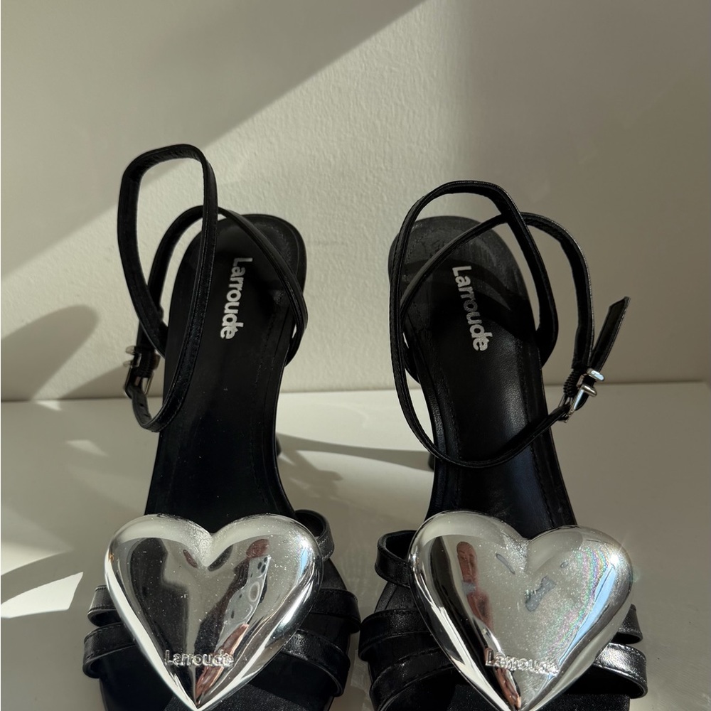 Larroude Black Heels with Silver Heart Detail